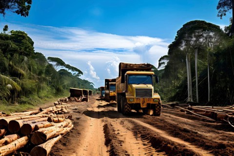 Trucks loaded with freshly cut timber wind through the narrow paths of the diminishing amazon