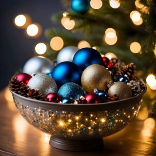 Christmas tree ornaments in a bowl, featuring a mix of glass baubles, pine cones, and fairy lights,