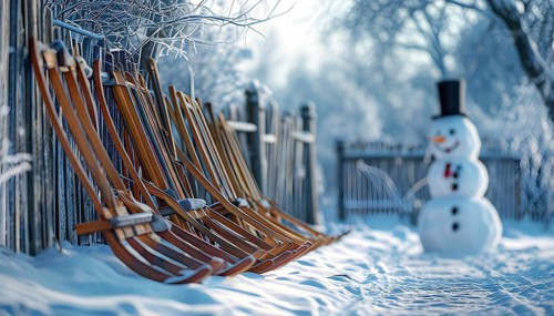 Rustic wooden sleds with frost covered branches and a snowman in the background, AI generated