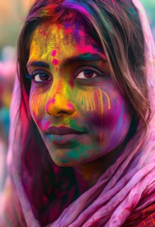 Indian woman colored face portrait during Holi Hindu festival, AI generated