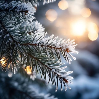Frost-covered pine branches with delicate snowflakes in soft light, AI generated
