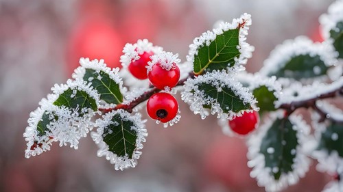 Frosty holly branch with vibrant red berries covered in delicate ice crystals, symbol for upcoming