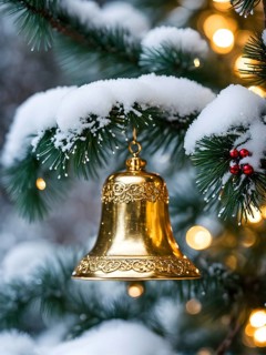 Vintage Christmas bell ornament hanging on a snow-dusted evergreen branch, capturing the intricate