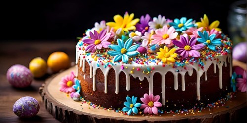 Decorated Easter cake with intricate icing flowers and colorful sprinkles, placed on a rustic