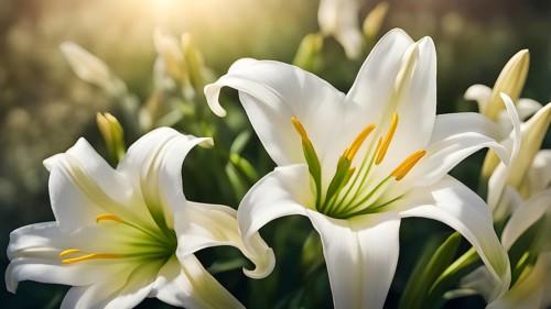 Blooming Easter lilies with soft white petals and a yellow center, bathed in gentle sunlight, AI