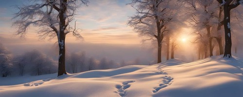 Footprints in fresh snow on a hill with a row of trees in winter in golden sunrise light, AI