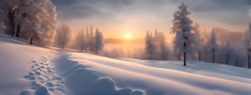 Footprints in fresh snow on a hill with a row of trees in winter in golden sunrise light, AI
