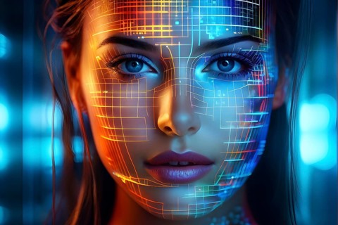 3d digital facial recognition displaying a female face with overlaid ai biometric data, AI