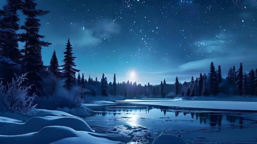 Tranquil winter night scene with a crescent moon and stars shining brightly over a frozen lake,