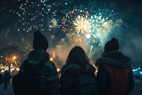 Back view of young people in winter clothes celebrating new year with fireworks. Generative Ai, AI