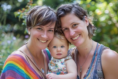Amily portrait of happy female homosexual couple with young child. Generative Ai, AI generated