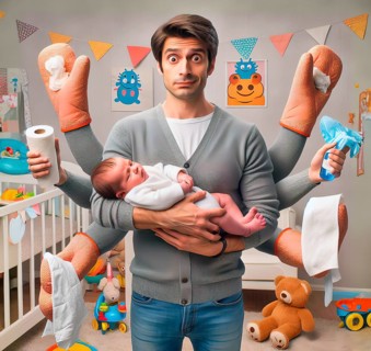 A young father has a baby in his arms and despairs at the tasks, symbolic image fatherhood,