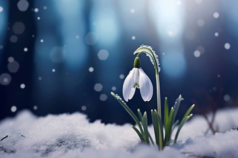White Snowdrop flower in snow in eraly spring. KI generiert, generiert AI generated