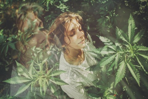 Teenager in an intoxicated state in a hemp field, surrounded by hemp leaves, cannabis, symbolic