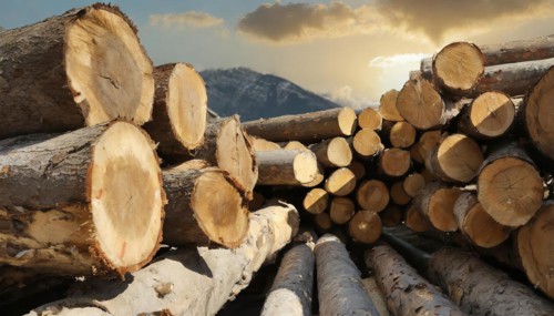 Forestry, timber industry, logs stacked in a sawmill, AI generated, AI generated