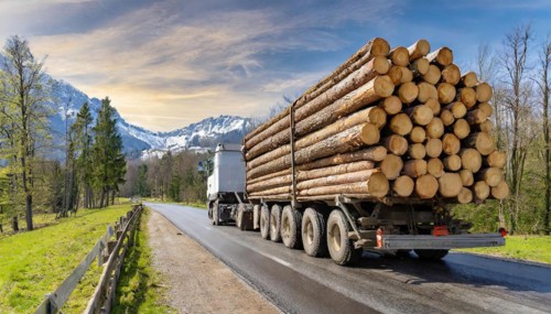 Forestry, timber industry, lorry, long timber transporter loaded with logs, on the road, AI