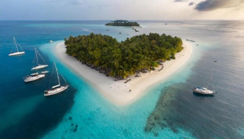 Symbol, small heart-shaped island in the sea, love island, honeymoon, palm beach, aerial view,