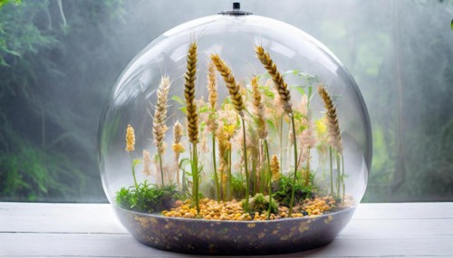 A glass container in which different types of grain grow under controlled conditions, wheat,