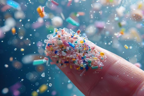 Close up of small micro plastic particles on finger in water. KI generiert, generiert, AI generated