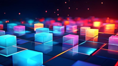 Vibrant colored squares on flat background low poly isometric style, AI generated, animation