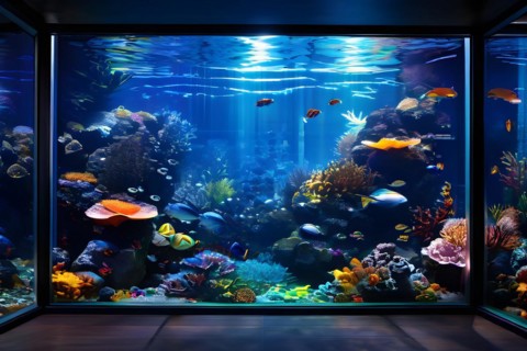 Large vibrant aquarium centerpiece in a cozy living room, AI generated