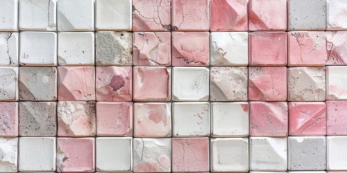 Wall with square shaped white and pink stone cubes. KI generiert, generiert, AI generated