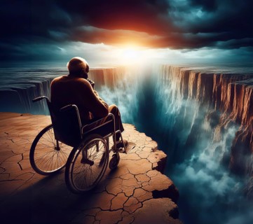 An old man sits in a wheelchair on a precipice, symbolic image of illness, psychology, AI