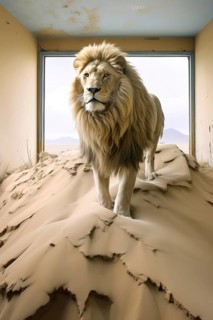 Male Lion in an abandoned house in a desert ghost town, Africa, AI generated