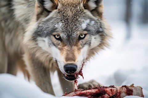 Wold eating raw meat of prey. KI generiert, generiert AI generated