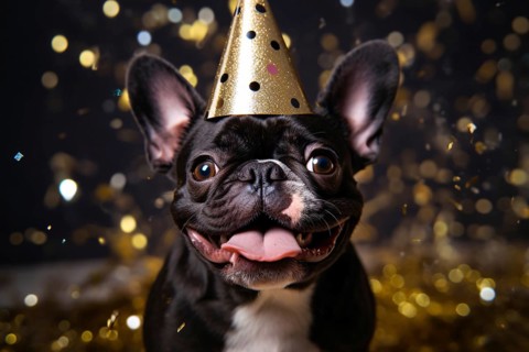 Black French Bulldog with golden party hat and confetti. KI generiert, generiert AI generated