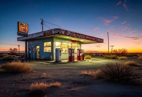 Abandoned retro gas station in the middle of a desert at sundown, with rusted gas pumps and an old