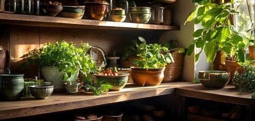 A sunlit kitchen corner, with a rustic wooden shelf holding neatly arranged ceramic bowls and a
