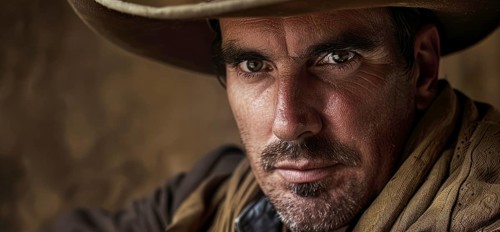 Authentic gaucho portrait. A man with a cowboy hat and beard is looking at the camera, AI generated