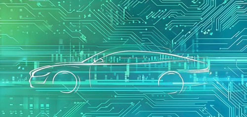 Sport car silhouette with vibrant green dynamic lines showing motion, surrounded by data streams,