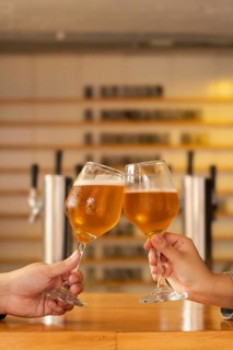 Close-up of a man and a woman's hands clinking glasses of craft beer in a modern cozy bar.