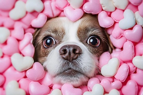 Funny dog face surrounded by pinka nd white heart shaped Valentine's Day candy. Generative Ai, AI