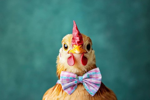 Funny chicken with bow tie in fornt of green background. Generative Ai, AI generated