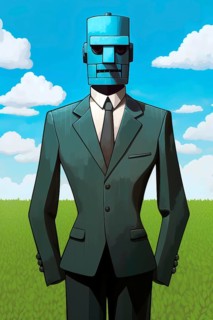 Surrealist representation of a man with an iron mask standing in a meadow, AI generated