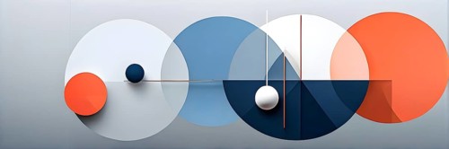 Minimalist composition of overlapping geometric shapes, such as circles, squares, and triangles,