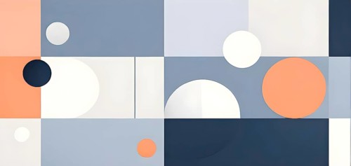 Minimalist composition of overlapping geometric shapes, such as circles, squares, and triangles,