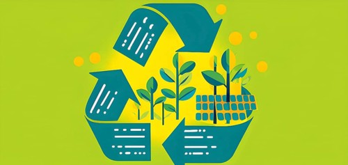 Recycling symbol morphing into growing plants and solar cells to symbolize the transformation of