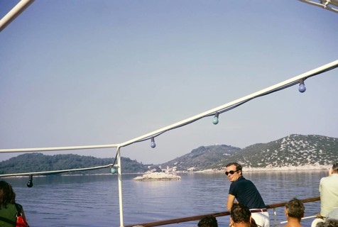 Boat approaching thought to be Korcula, Dalmatian Coast, Croatia, former Yugoslavia, Europe 1970,