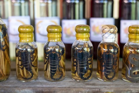 Choum, rice liquor, rice wine with pickled scorpions and Snakes for sale, Laos, Asia