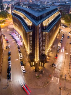 Aerial view of the Kontorhaus Chilehaus in Hamburg's Kontorhaus district at the blue hour, Hamburg,