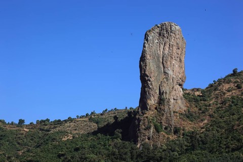 Amhara region, stele-like vulture rock near the city of Gondar, Ethiopia, Africa