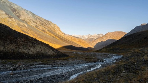 Arabel Pass with river, mountain valley in the morning, barren landscape, Burkhan Valley, Tien