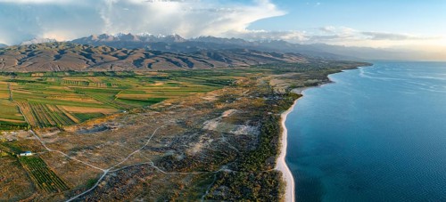Aerial view, landscape at Lake Issyk Kul, Kyrgyzstan, Asia