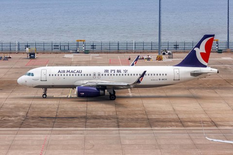 An Air Macau Airbus A320 aircraft with the registration B-MCH at the airport in Macau, China, Asia