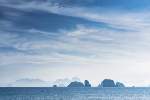 Phang Nga bay near Koh YaoNoi, seascape, seascape, foggy, morning mist, hazy, silhouette,