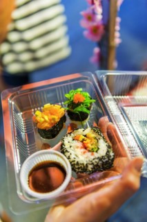 Sushi in a plastic box, market, evening market, food, nutrition, fish, snack, Asian, plastic, box,
